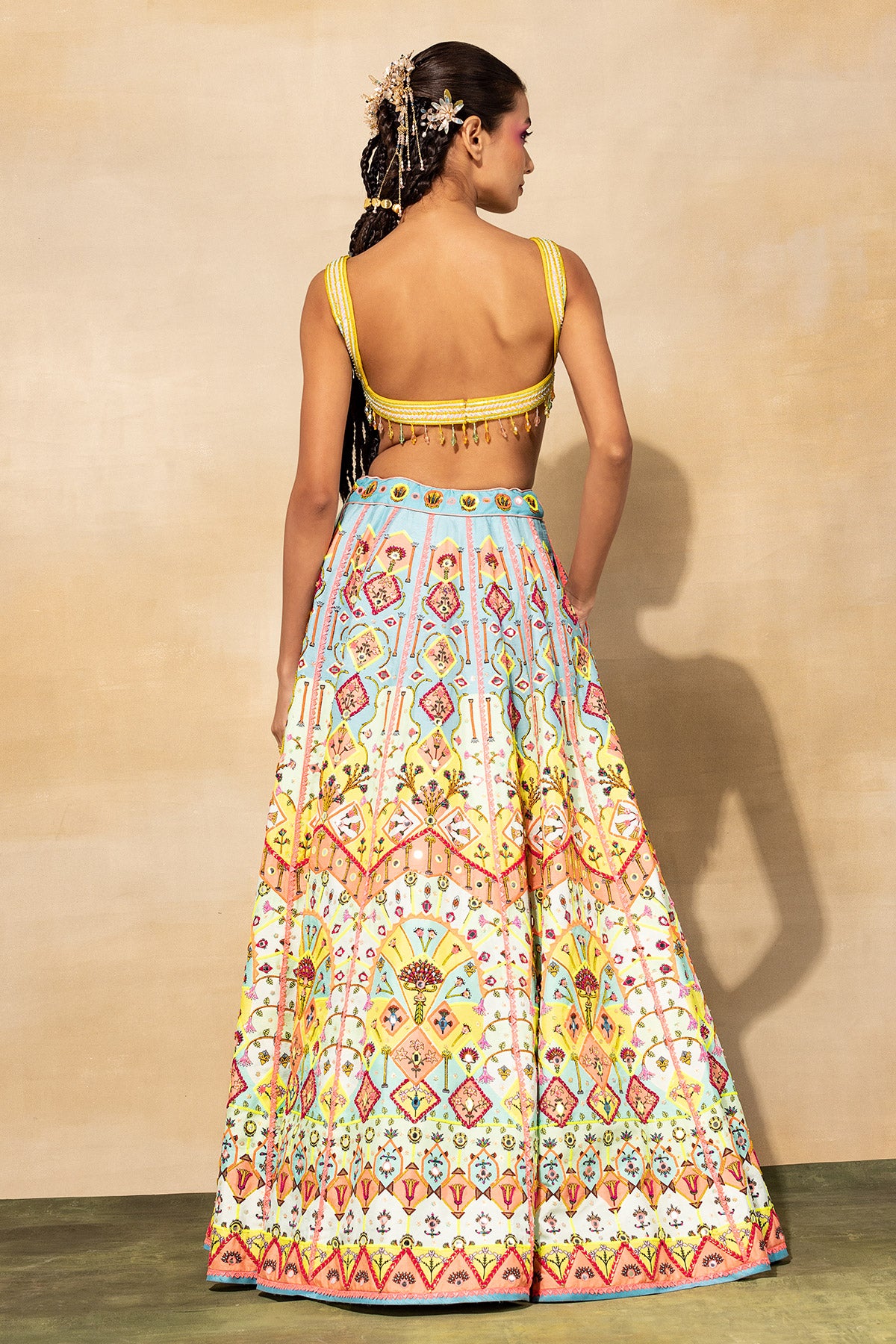 PASTEL YELLOW PRINT & EMBROIDERED LEHENGA SET
