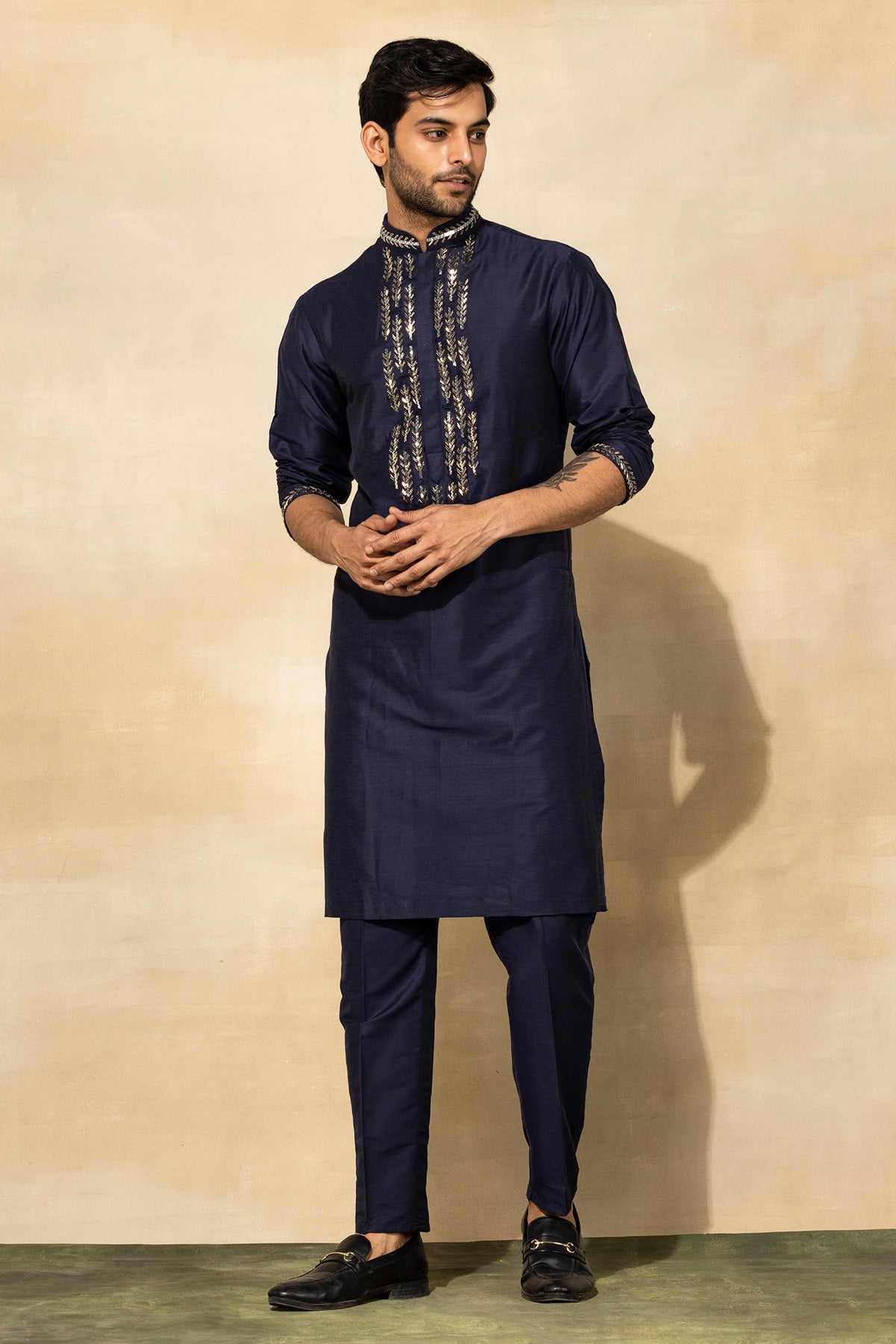DARK BLUE LEAF EMBROIDERED KURTA