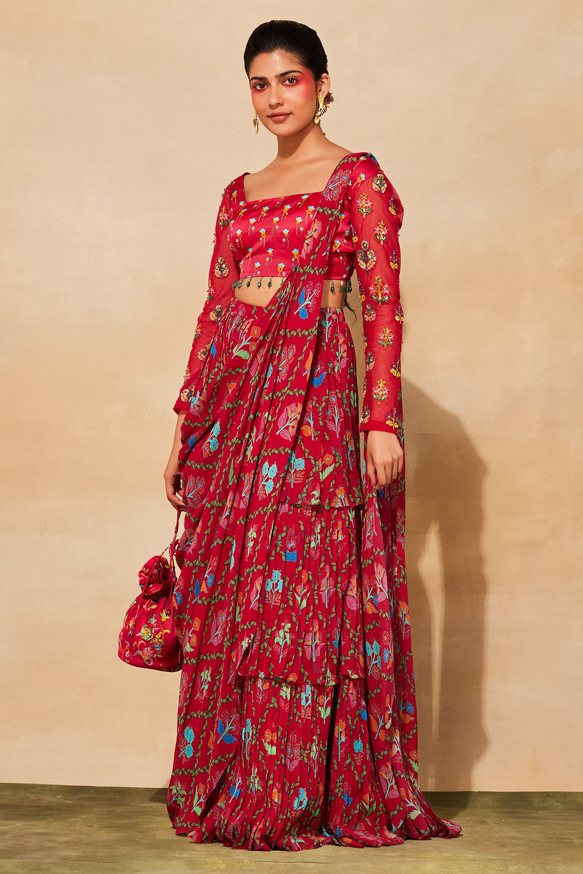 CRIMSON RED PRINT & EMBROIDERED SAREE SET