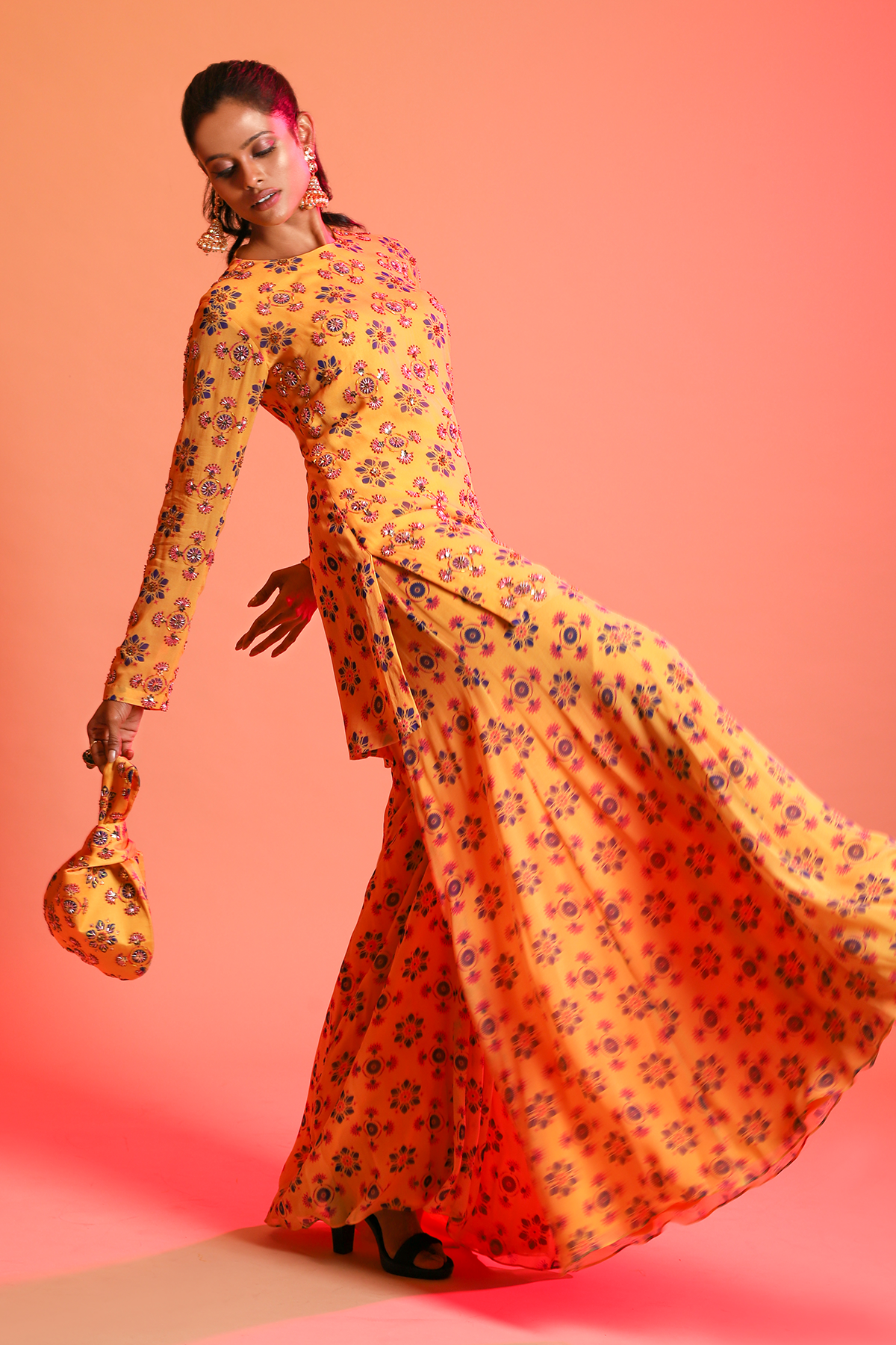 Mustard Mix Butta Printed Kurti With Sharara & Embroidered Potli Bag