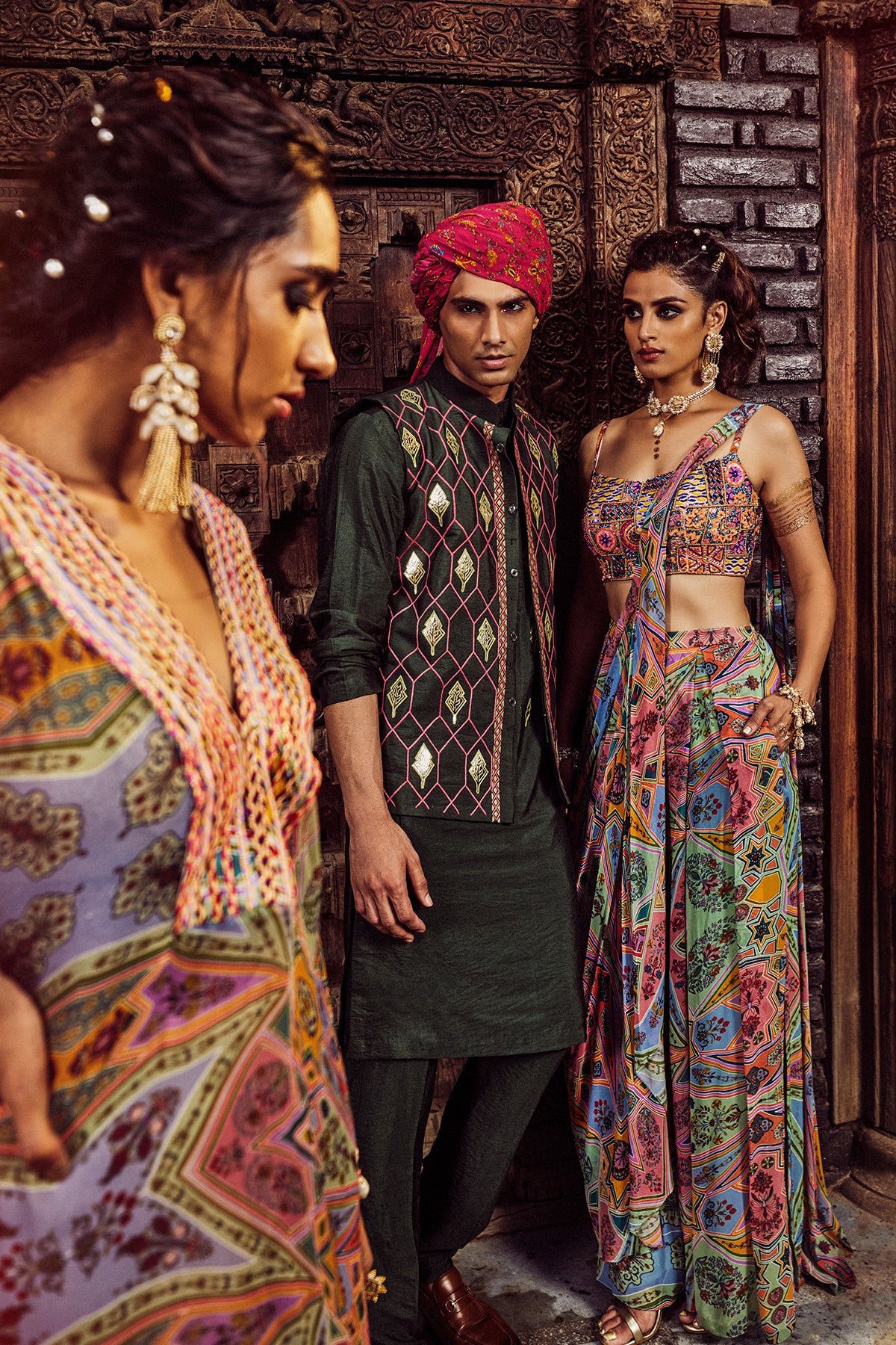 Yellow Jaal Print Box Pleated Pants Saree