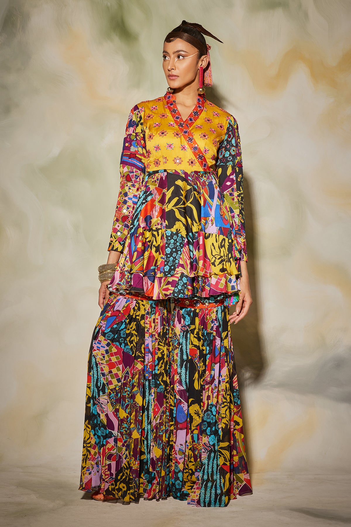 Yellow & Blue Aztec Print Peplum Set