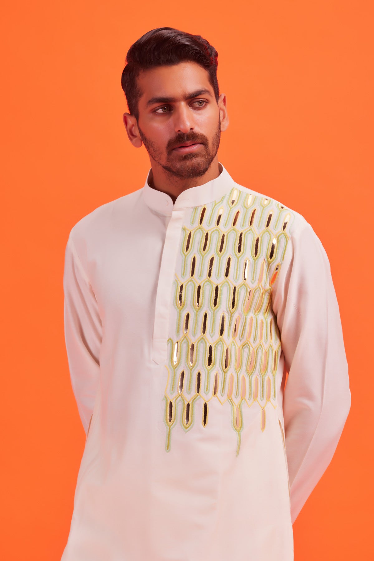 Pastel Yellow thread and Acrylic Brick Embroidered Kurta With Pastel Yellow Pants