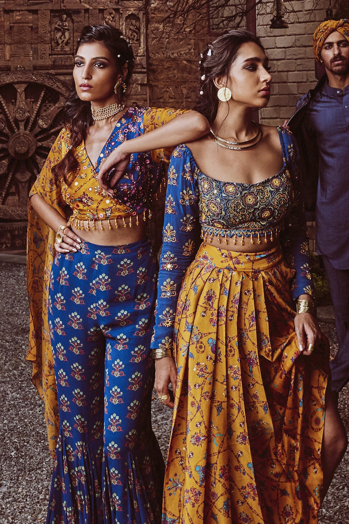 Blue Cutdana Floral Embroidered Blouse With Yellow Bale Printed Dhoti Skirt