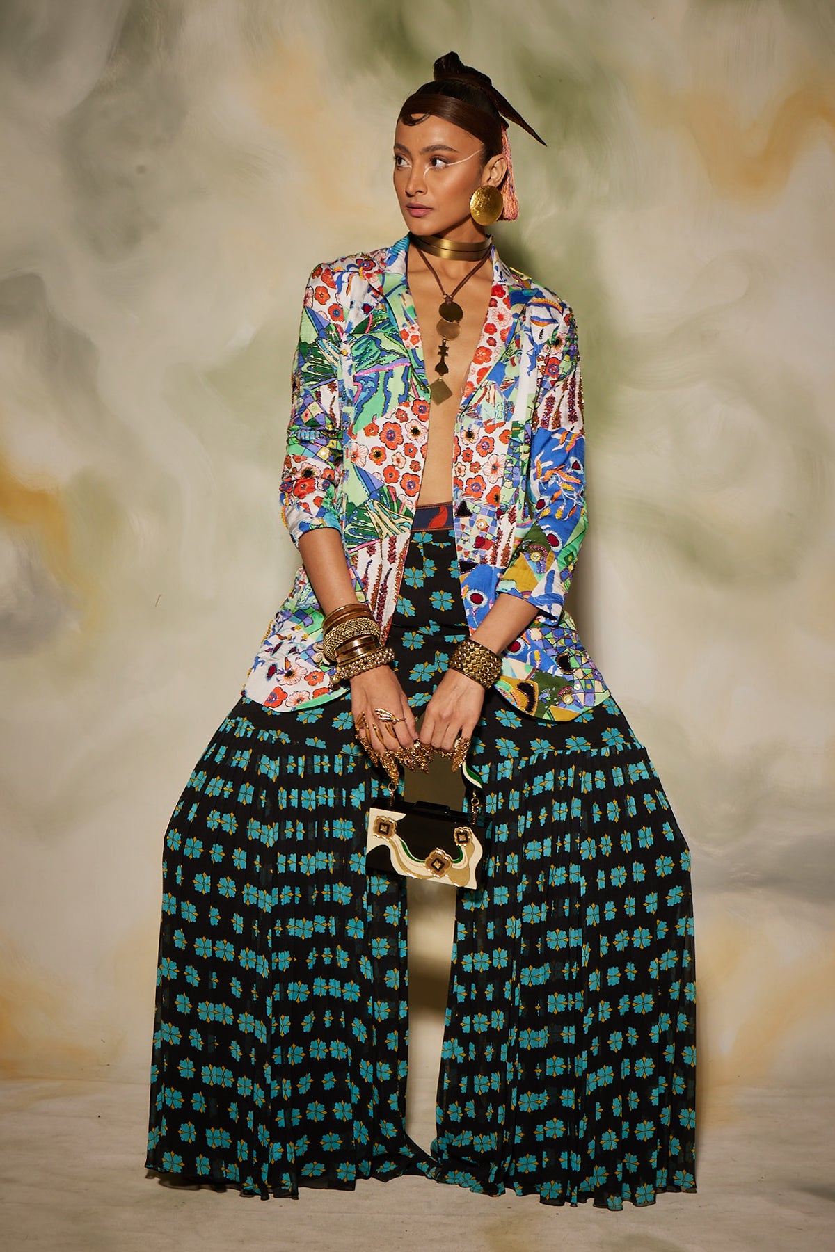 Blue Aztec Print Highlighted Blazer & Butta Printed Gharara Pant