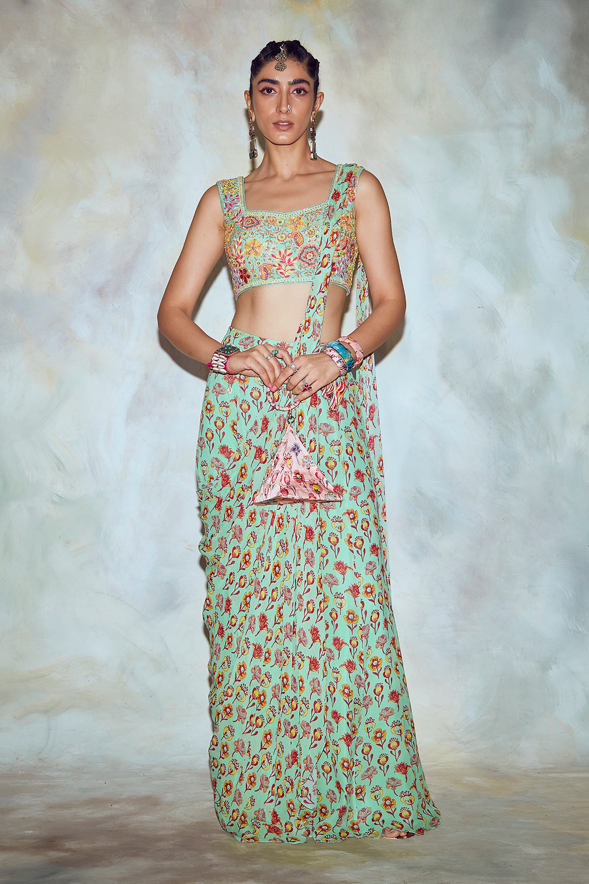 Mint Green Mix Embroidered Saree Set