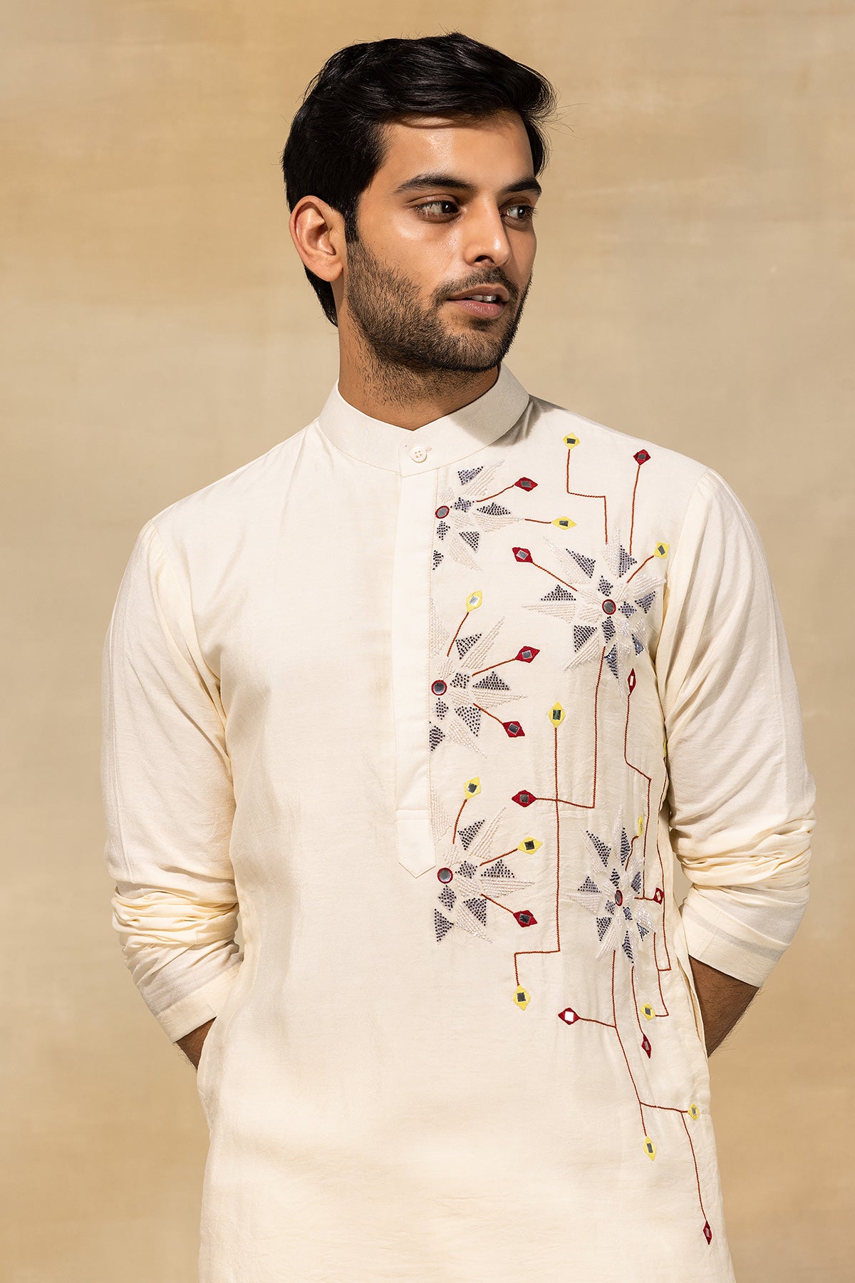 ECRU WHITE ACRYLIC ,CUTDANA EMBROIDERED KURTA