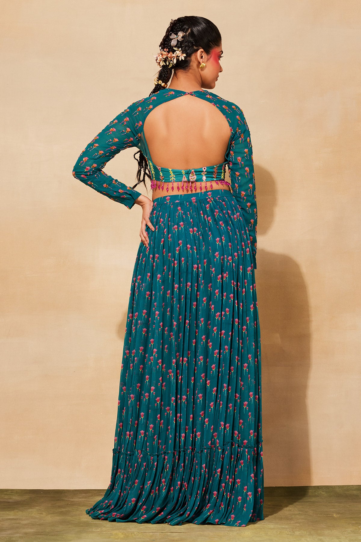 TEAL BLUE PRINT & EMBROIDERED SAREE SET