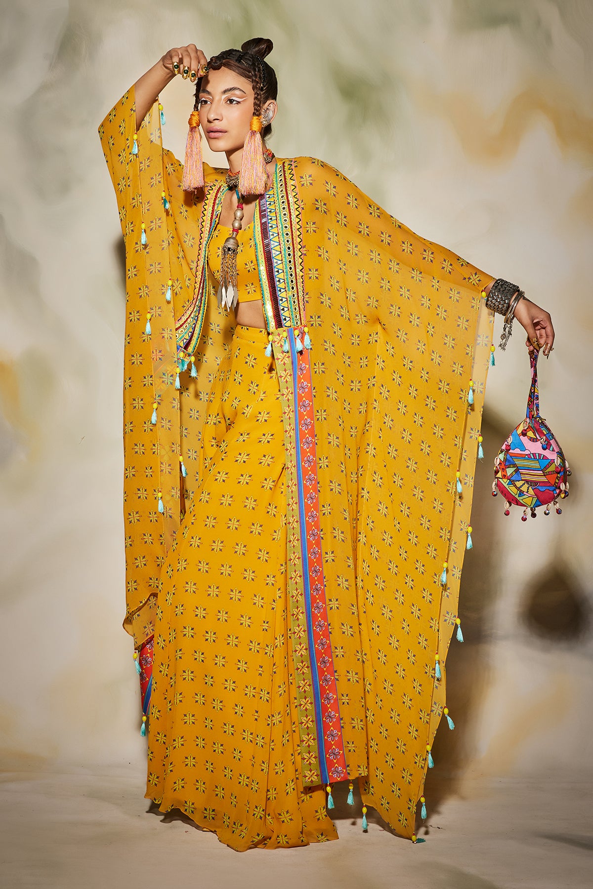 Yellow Butta Print With Trible Embroidered Yoke Kaftan Set
