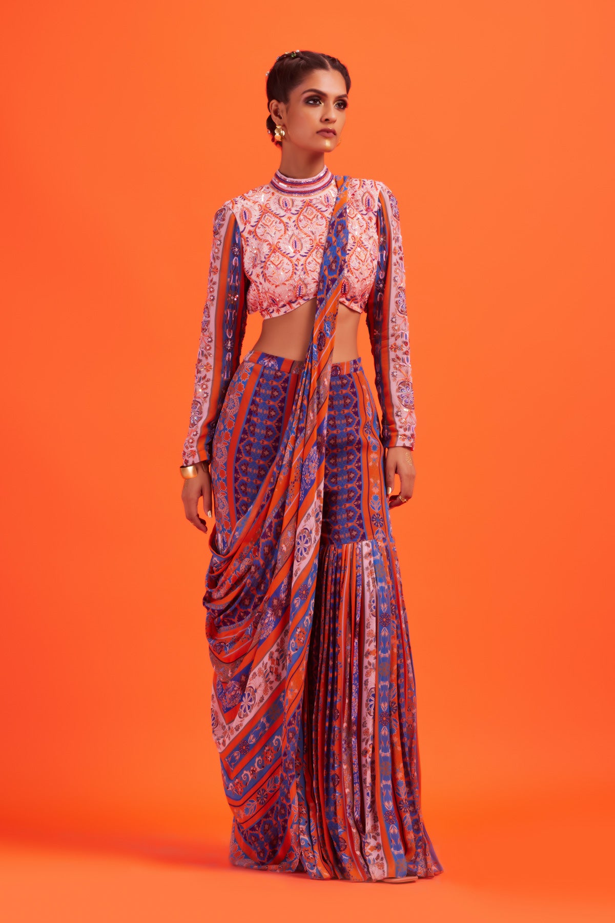Peach Embroidered Blouse With Rust Stripe Printed Gharara Sari