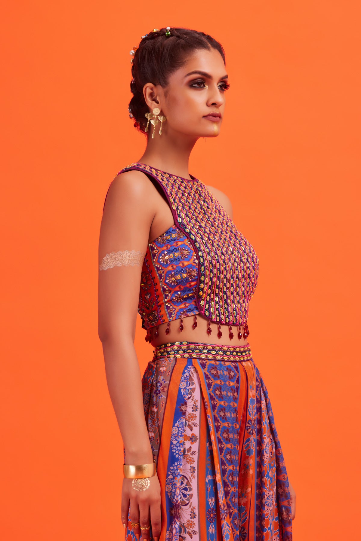 Rust Panel Embroidered Crop Top With Stripe Pants