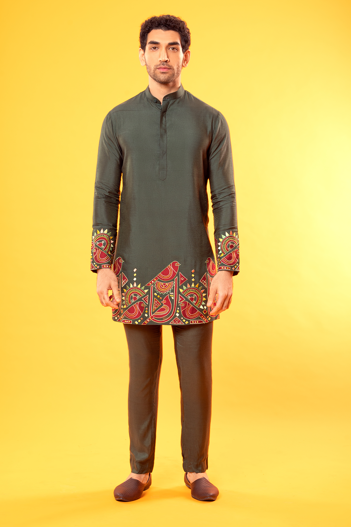 Olive Green Multi Colour Embroidery Kurta