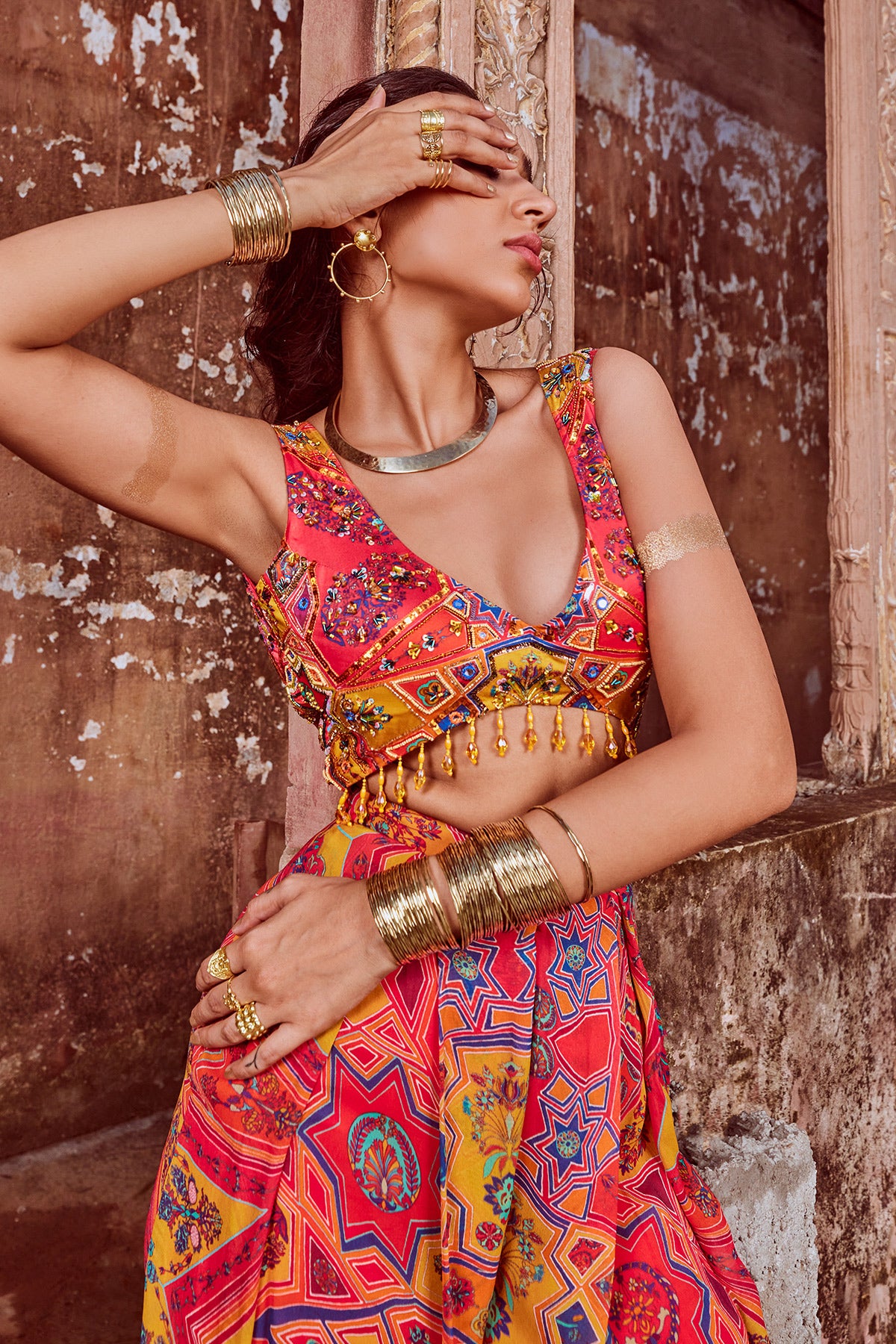 Yellow Jaal Print & Highlighted Box Pleated Slit Open Jumpsuit