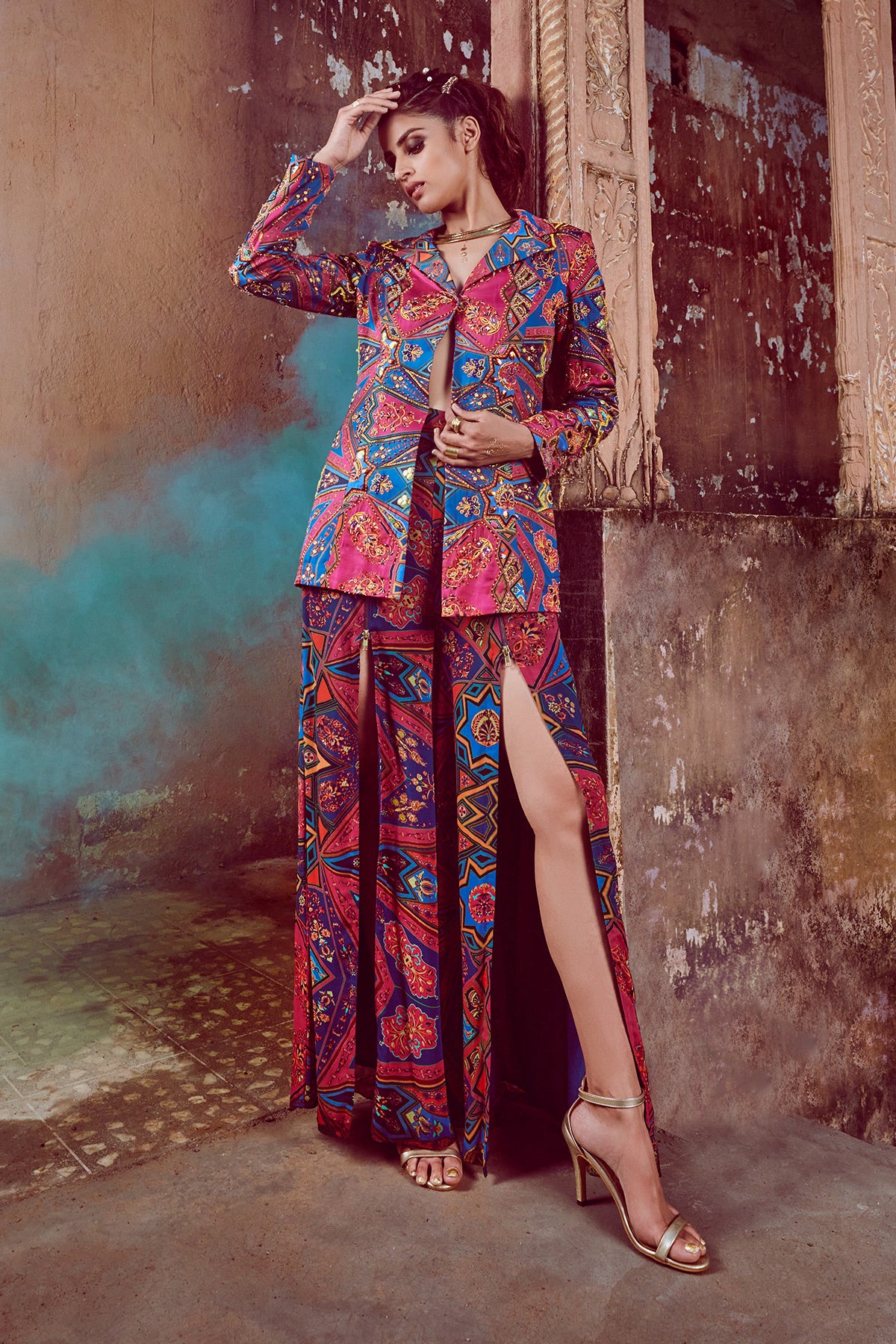 Teal & Fuchsia Pink Jaal Print Blazer And Pants