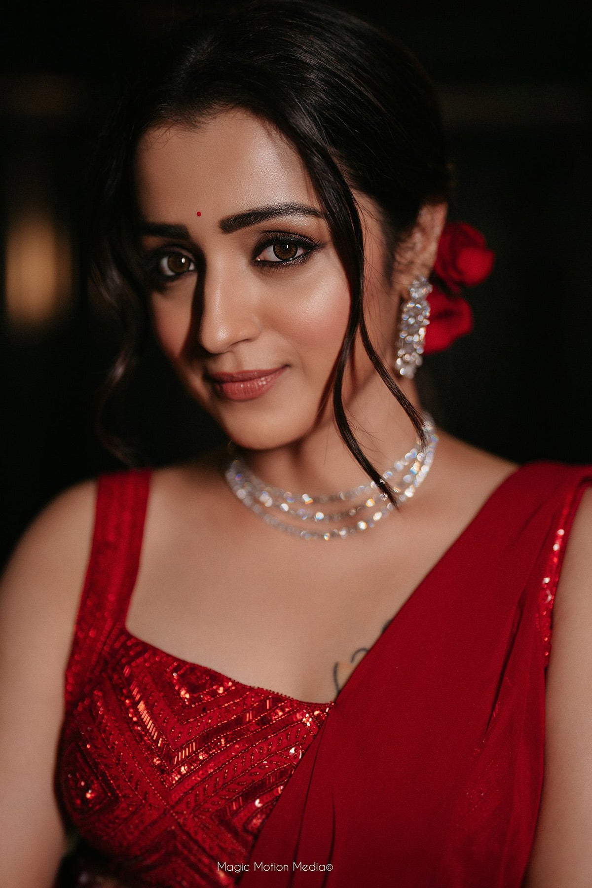TRISHA KRISHNAN IN CRIMSON RED DIAMOND  EMBROIDERED SAREE SET