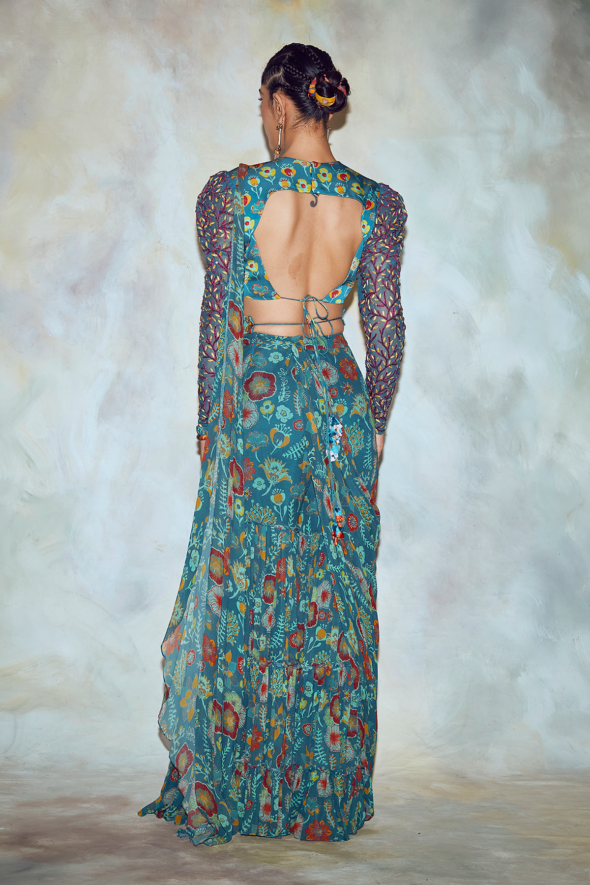 Teal Blue Floral Saree Set