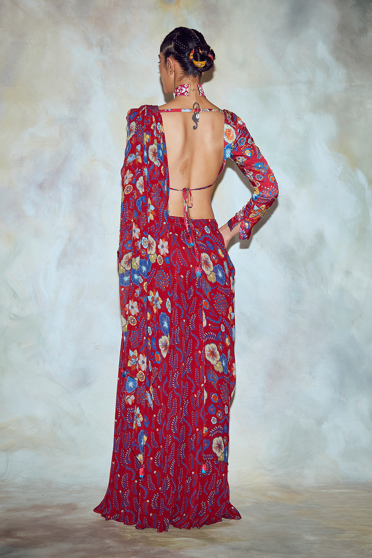 Crimson Red Jaal Print Crop Top Set