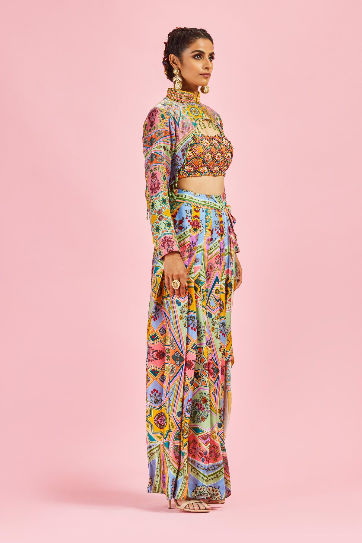 Yellow Crop Top With Short Cape & Dhoti Skirt