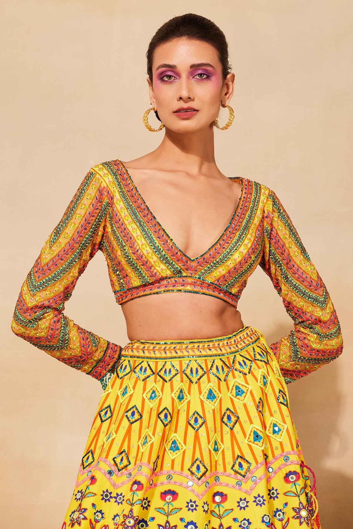 YELLOW PRINT & EMBROIDERED LEHENGA SET