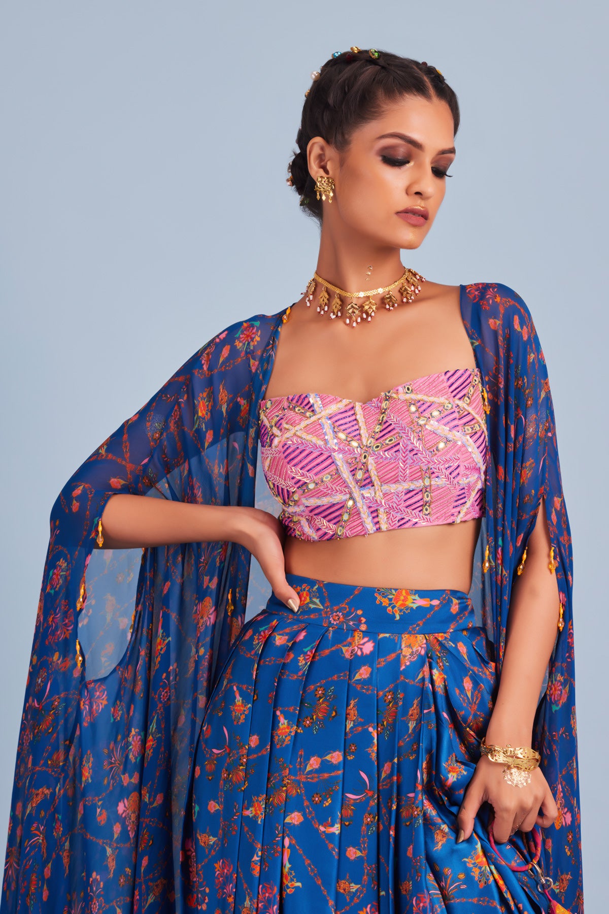 Pink Embroidered Abstract Stripe Bustier & Cape Set