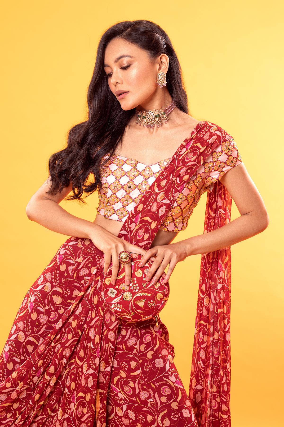 MAROON PRINTED CRYSTAL BLOUSE WITH JAAL PRINTED PLEATED GHARARA PANTS SAREE & EMBROIDERED POTLI BAG