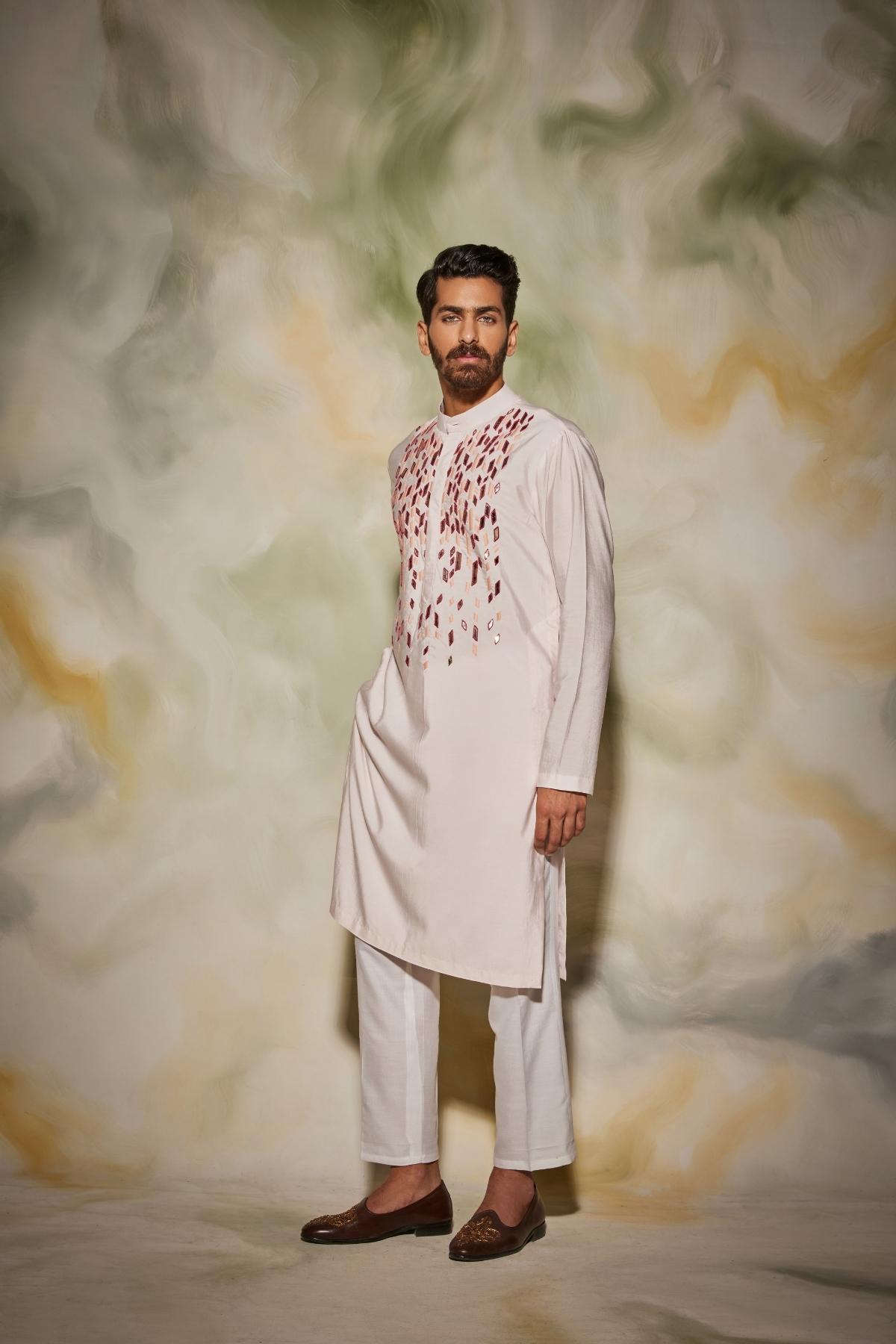 Blush Pink and Maroon stripped Acrylic and thread Embroidered Kurta
