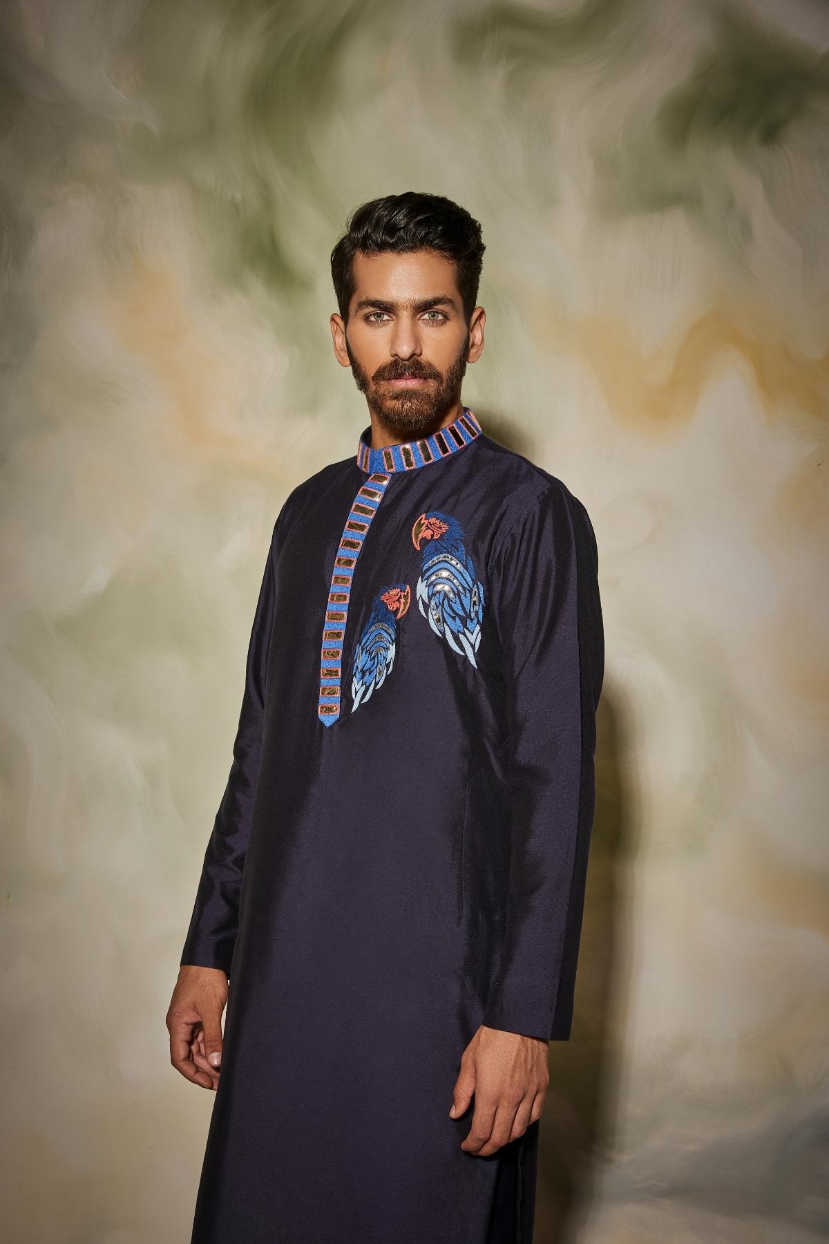 Dark Blue thread and acrylic embroidered Bird Kurta
