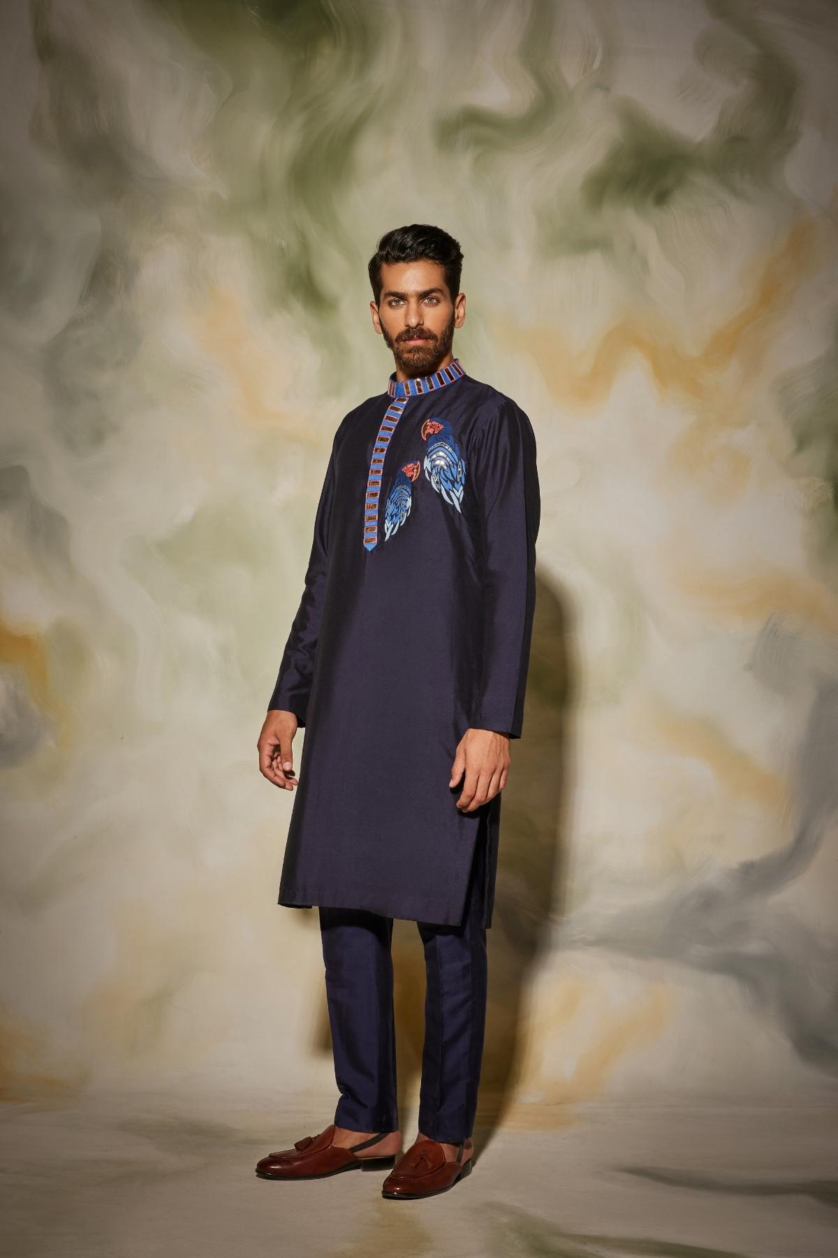 Dark Blue thread and acrylic embroidered Bird Kurta