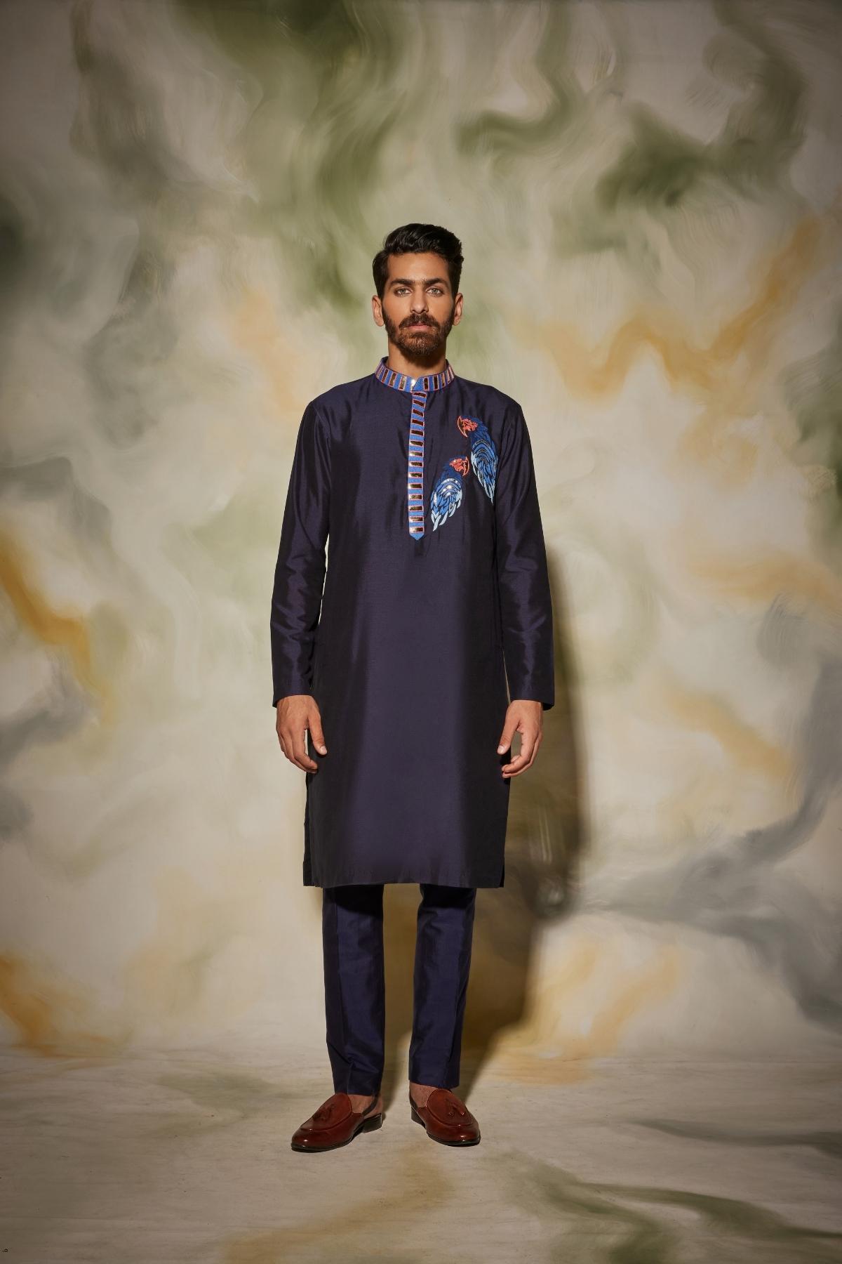Dark Blue thread and acrylic embroidered Bird Kurta