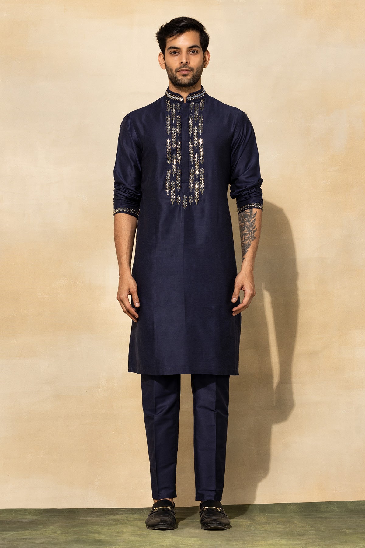 DARK BLUE LEAF EMBROIDERED KURTA