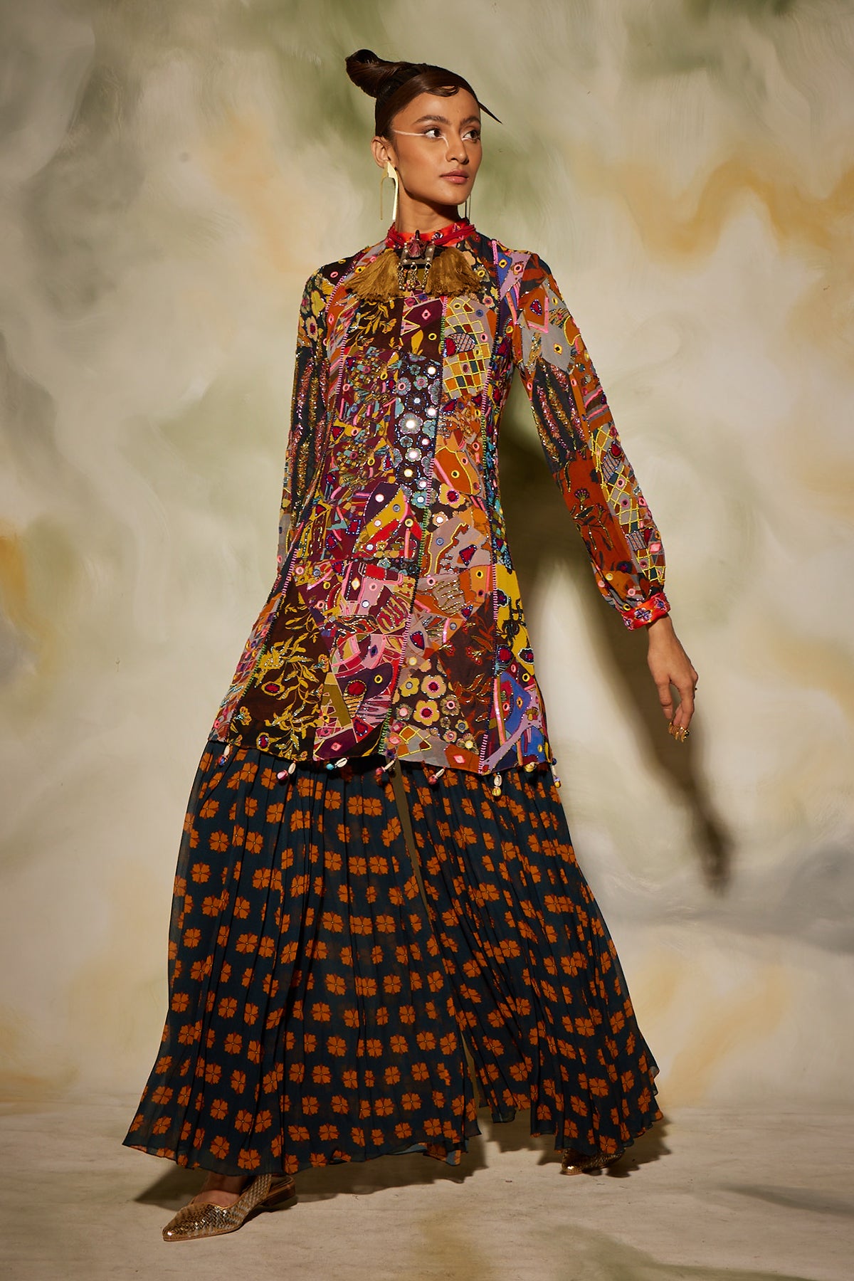 Kurti with brown butta printed sharara pants
