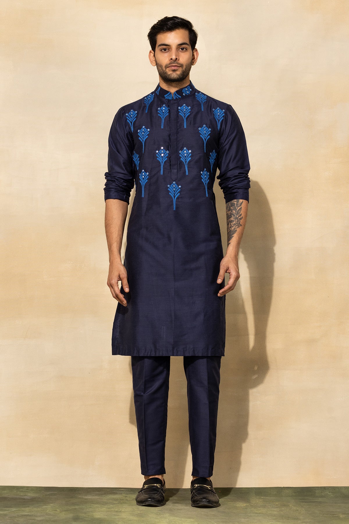 DARK BLUE FEATHER  EMBROIDERED KURTA & BUNDY