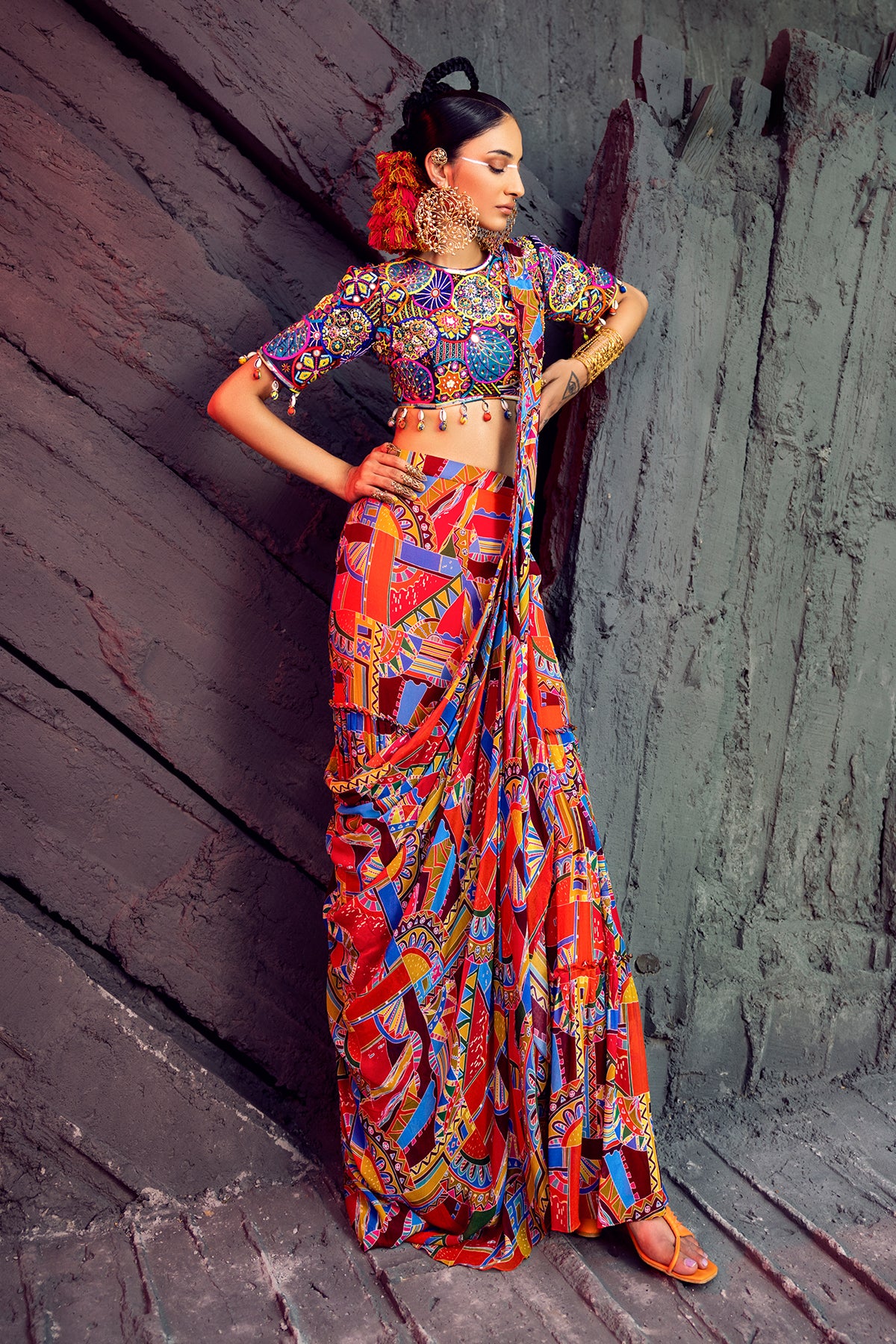Blue & Green geometric printed gharara saree