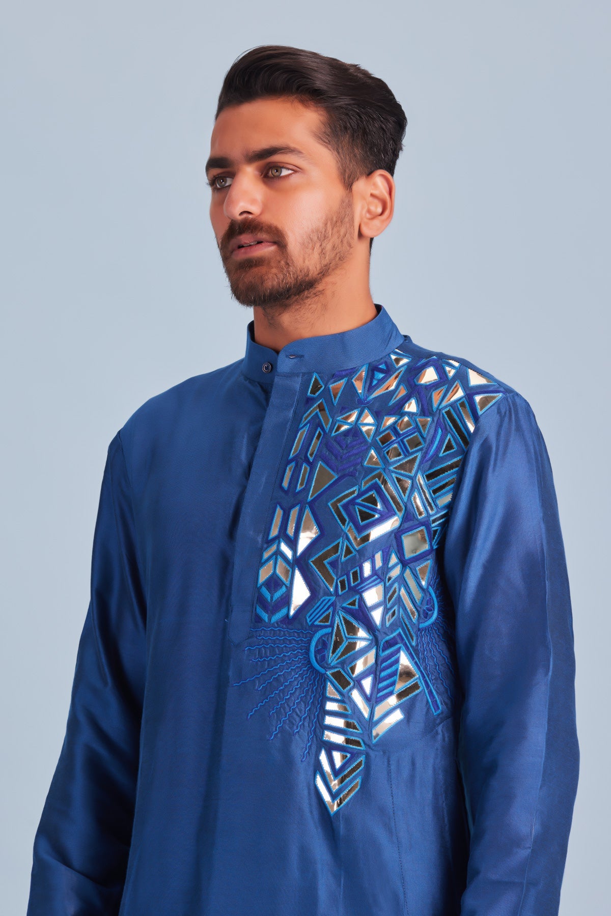 Indigo Blue Thread and Acrylic Abstract Embroidered Kurta and Indigo Blue Pants
