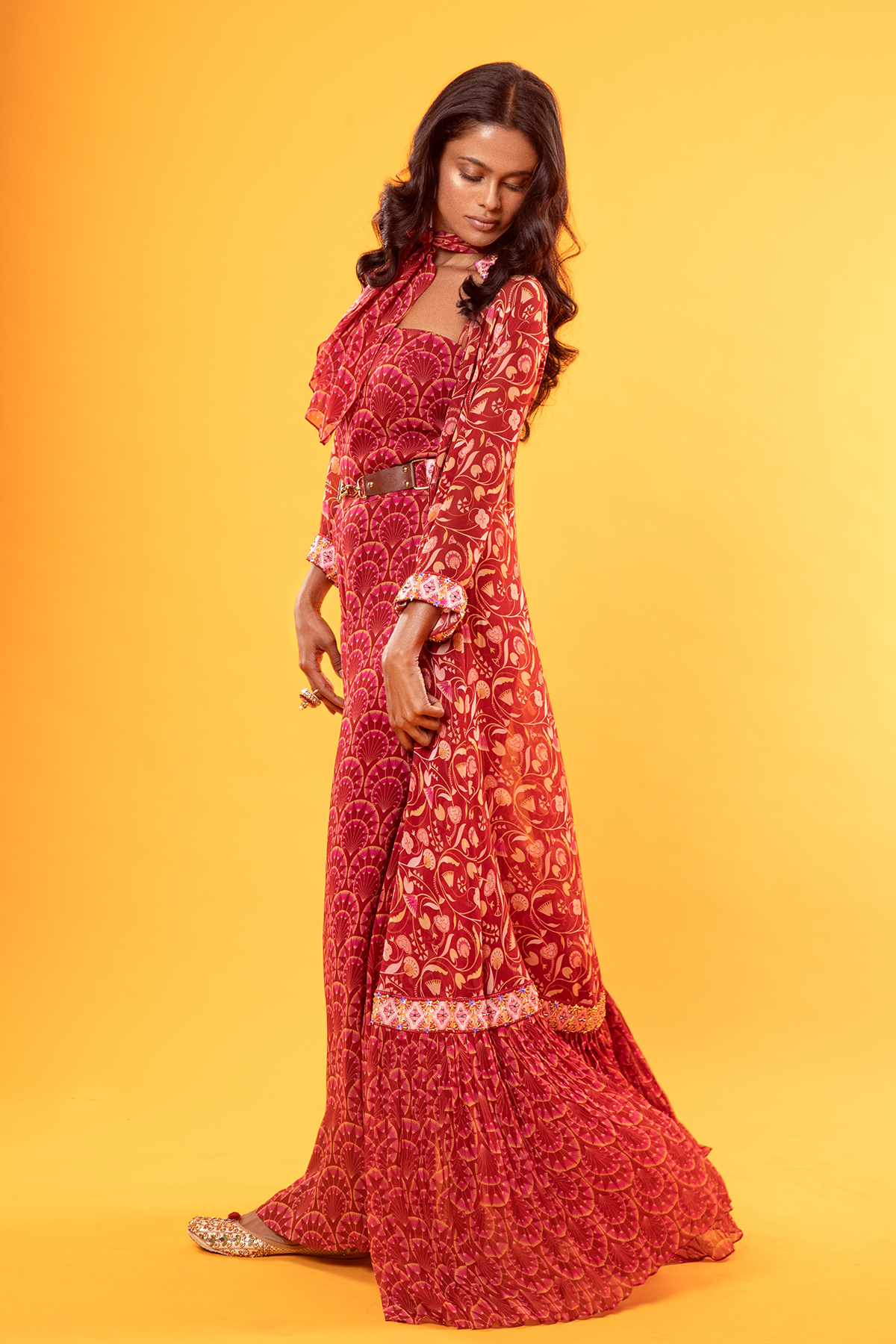 Maroon Fan Butta Printed Jumpsuit With Fan Printed Pleated Jacket