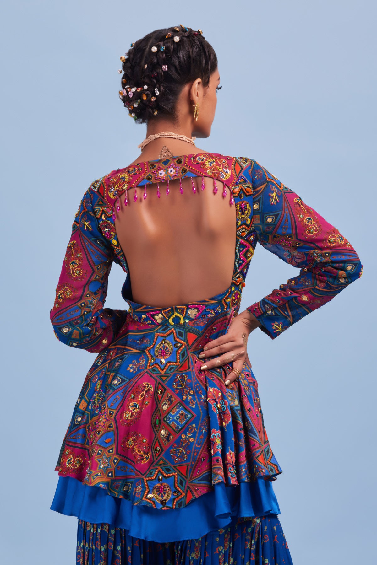 Teal & Fuchsia Pink Jaal Print & Highlighted Peplum Set