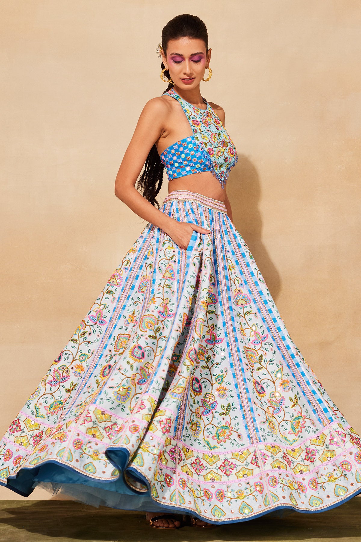 POWDER BLUE CROLORFUL PRINT & EMBROIDERED LEHENGA SET