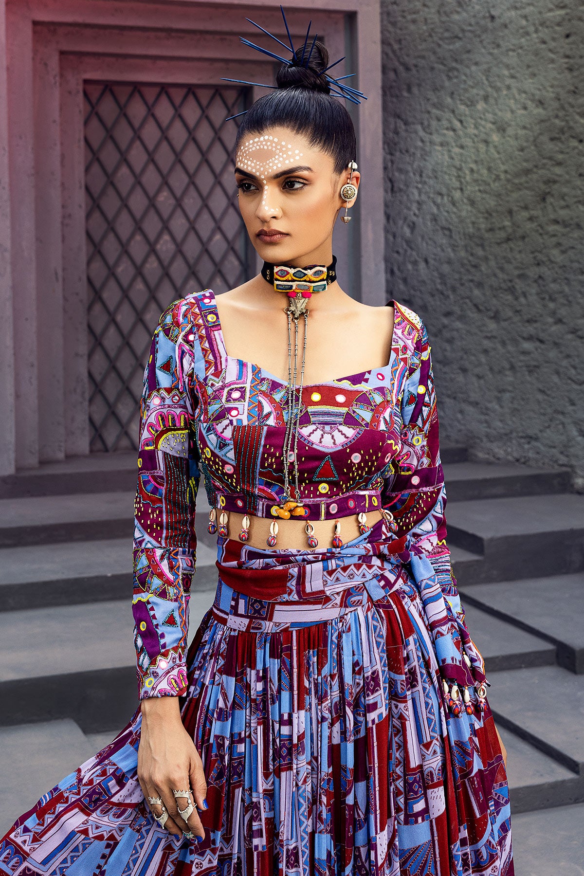 Purple geometric printed gathered skirt with blouse and tie up belt