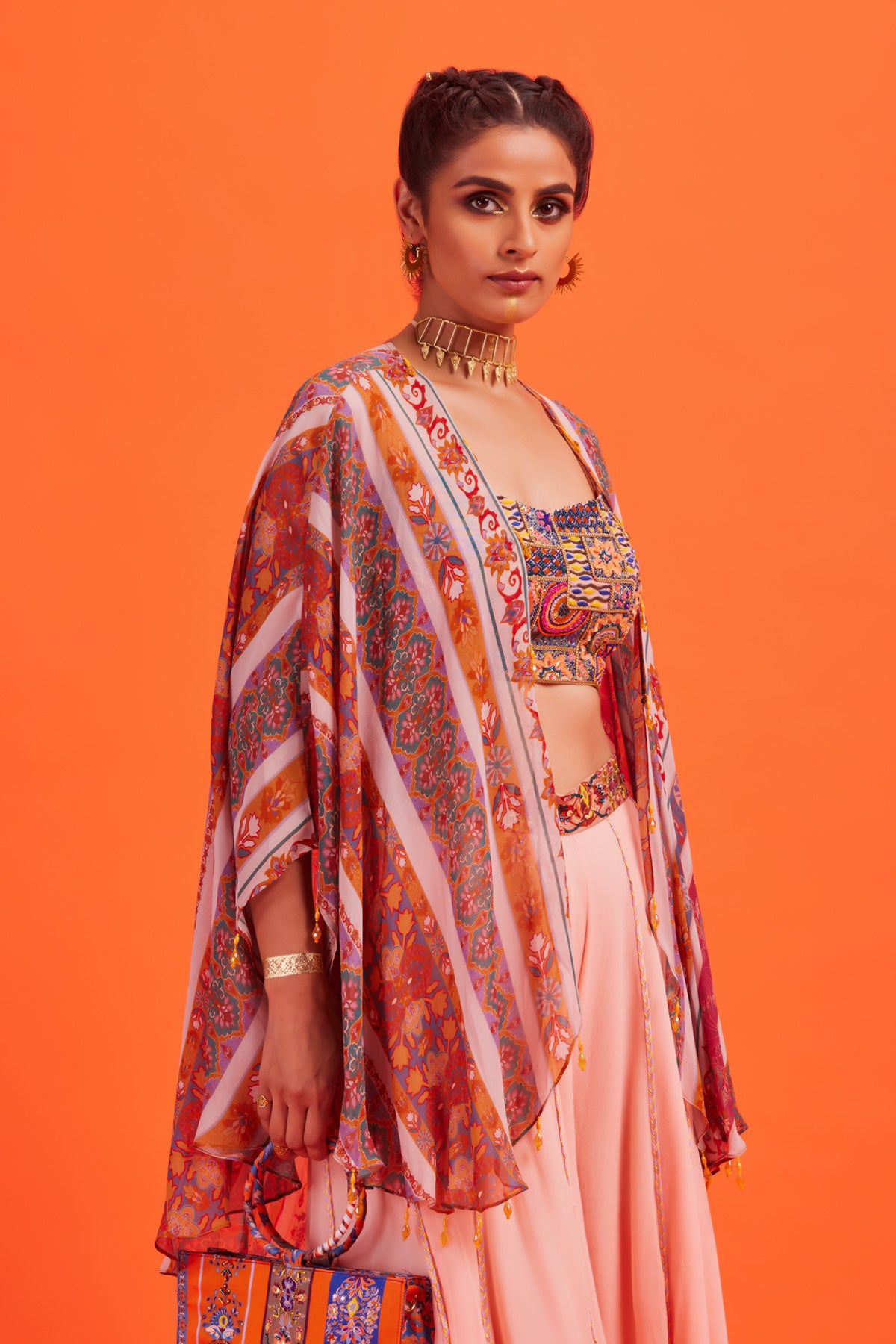 Peach Thread & Sequins Geometric Cape Set