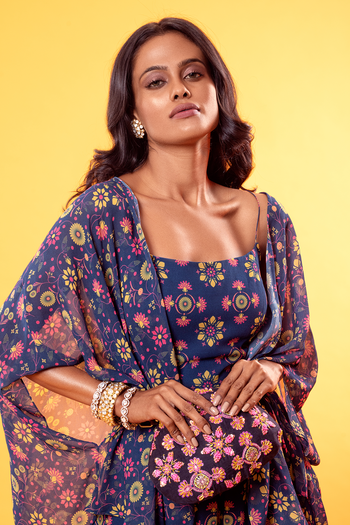 Blue Mix Butta Printed Jumpsuit With Jaal Printed Jacket & Embroidered Bag Belt