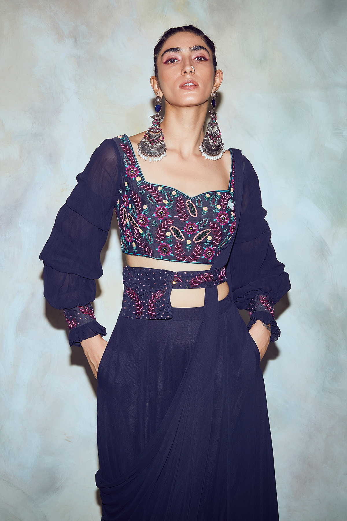 Dark Blue Leaf Embroidered Saree Set