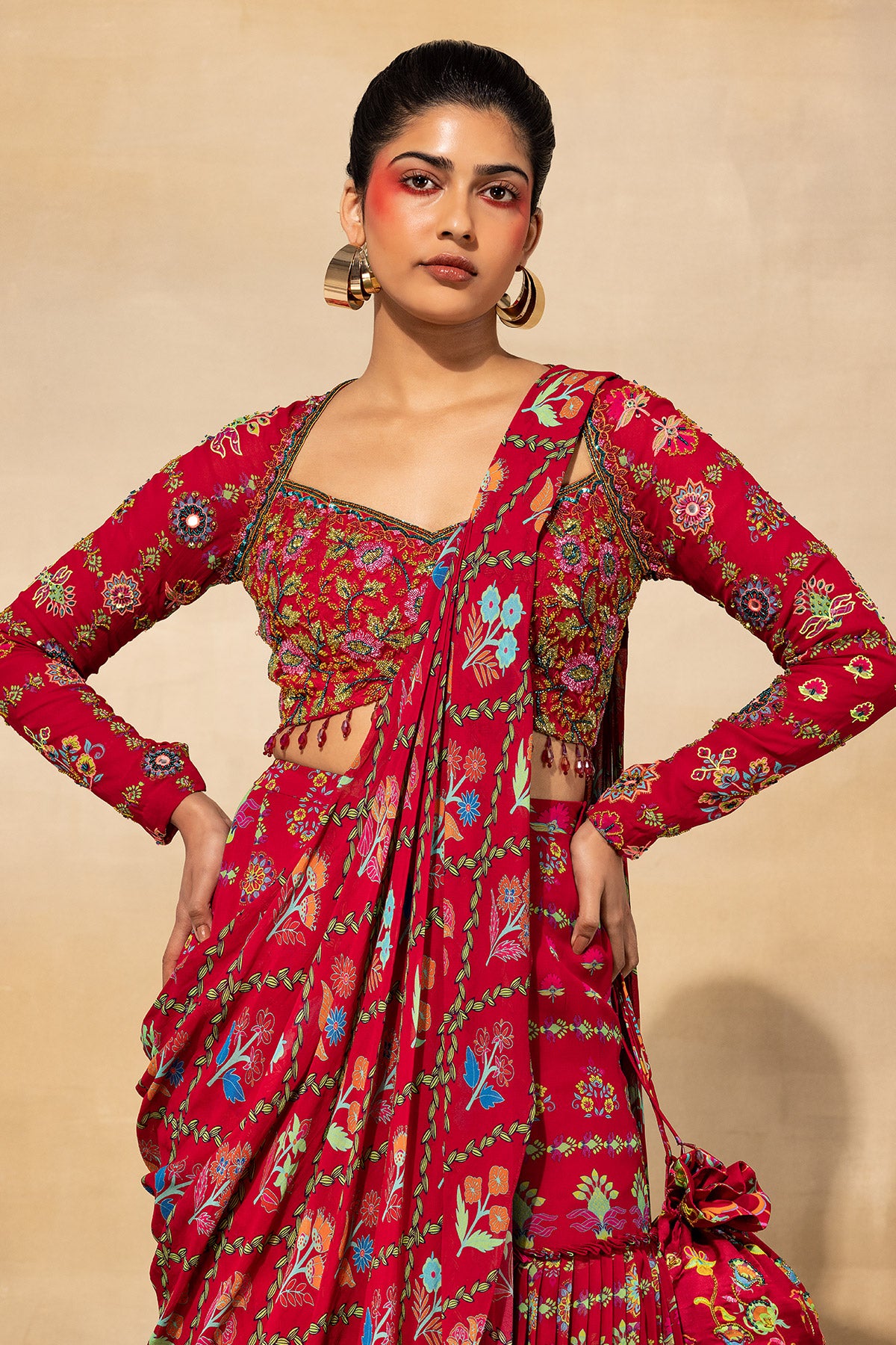 CRIMSON RED FLORAL EMBROIDERED & PRINTED SAREE SET