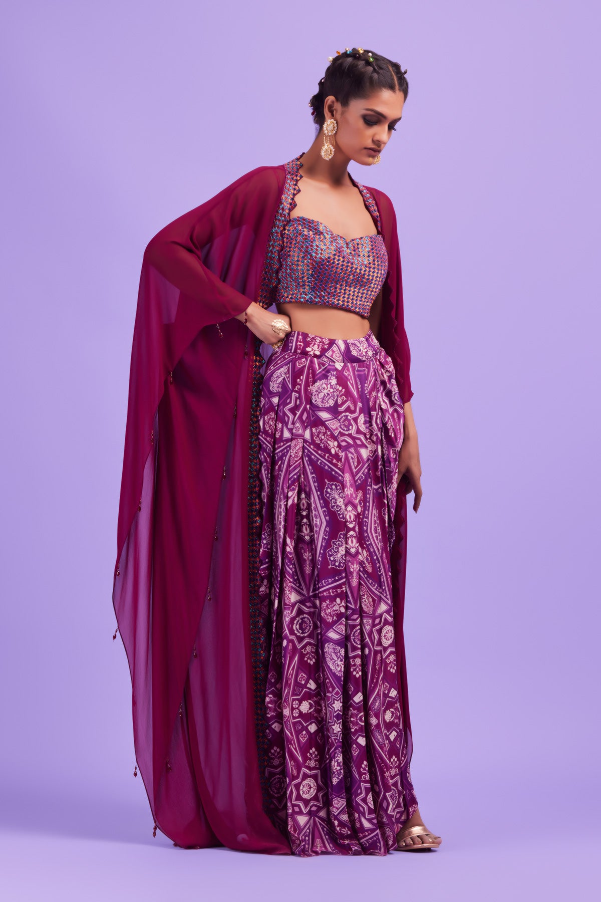 Purple Cutdana Embroidered Bustier & Cape Set
