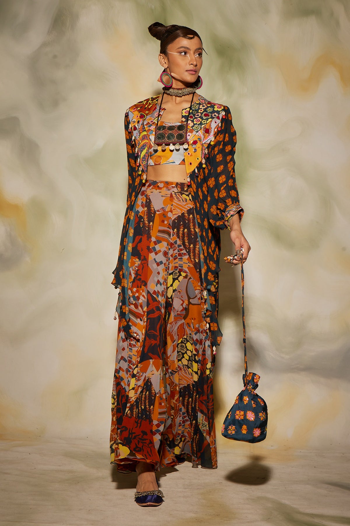 Brown & rust aztec printed busteir and sharara pants & potali bag