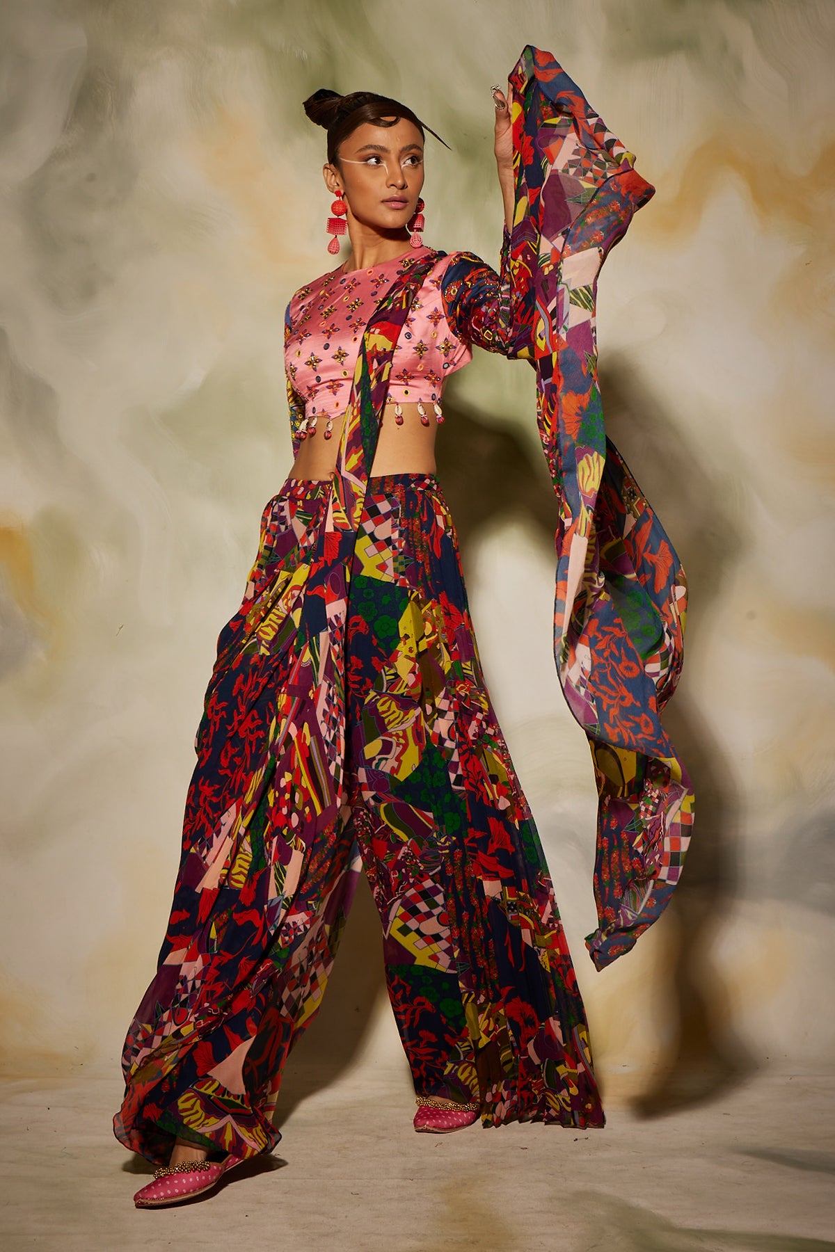 Pink Saree Set With Drop Potali Bag