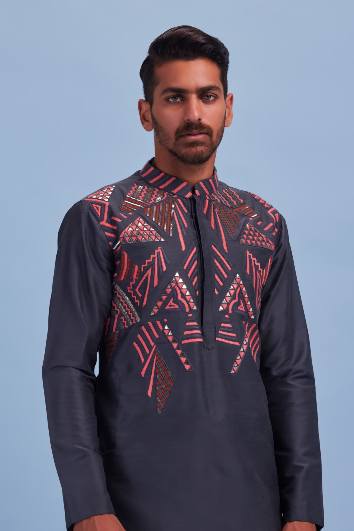 Grey Geometric Acrylic & Thread Mix Embroidered Kurta With Grey Pants