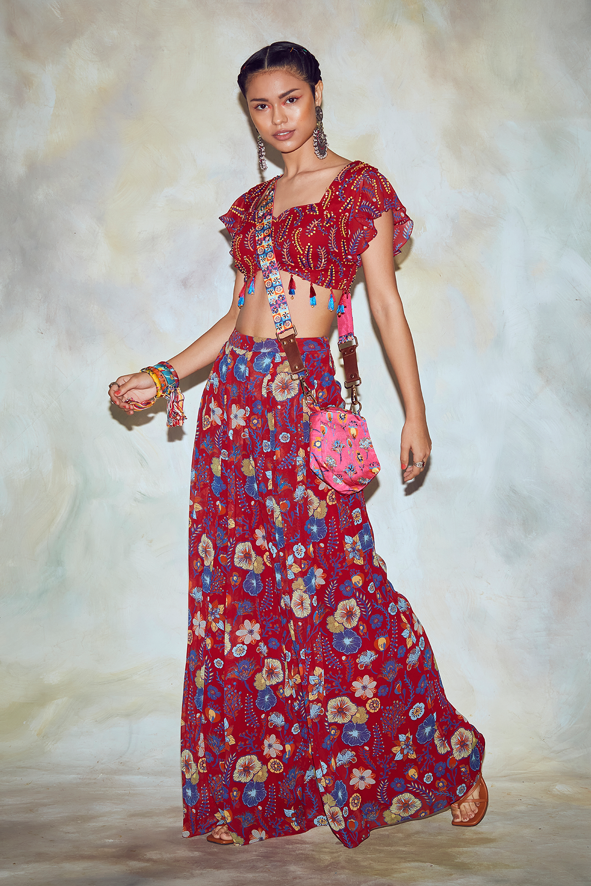 Crimson Red Leaf Print Crop Top Set