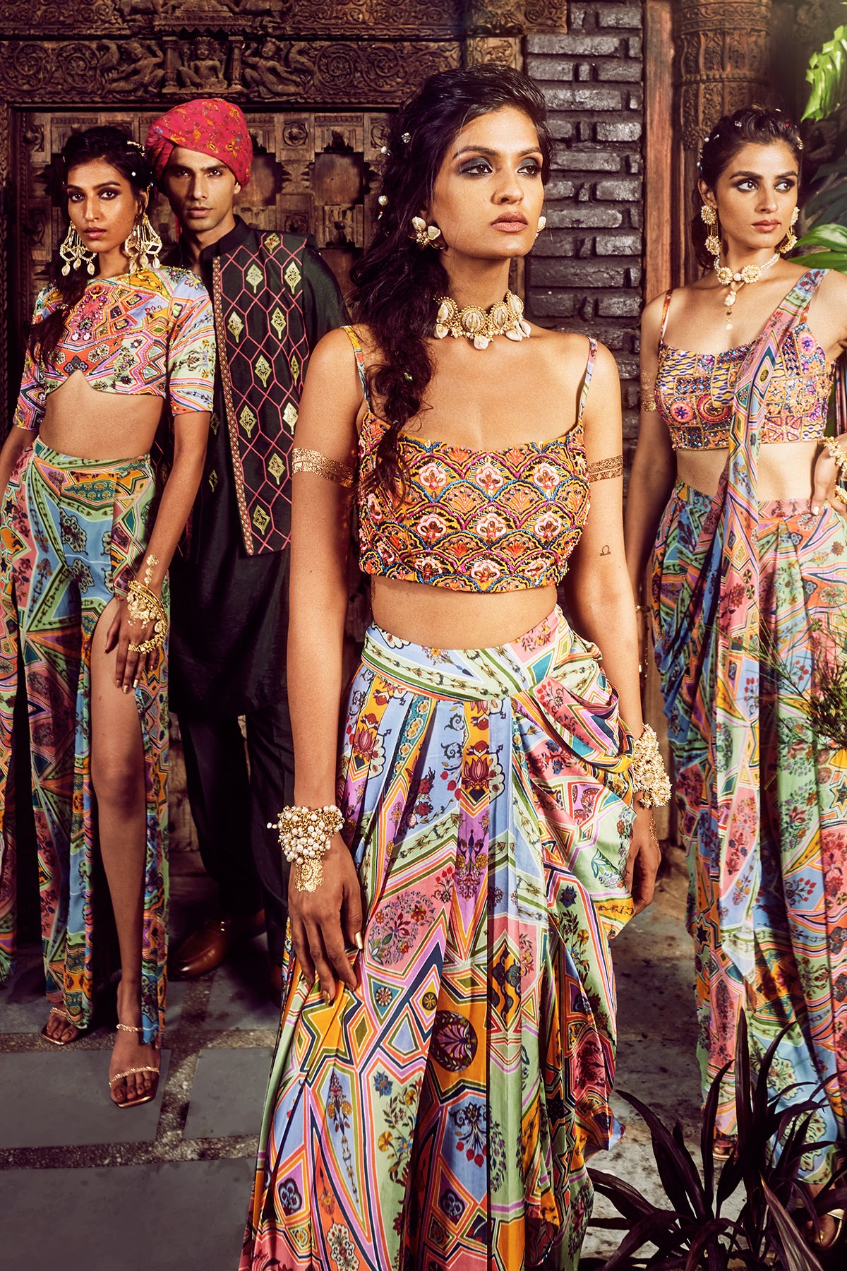 Yellow Jaal Print Box Pleated Pants Saree