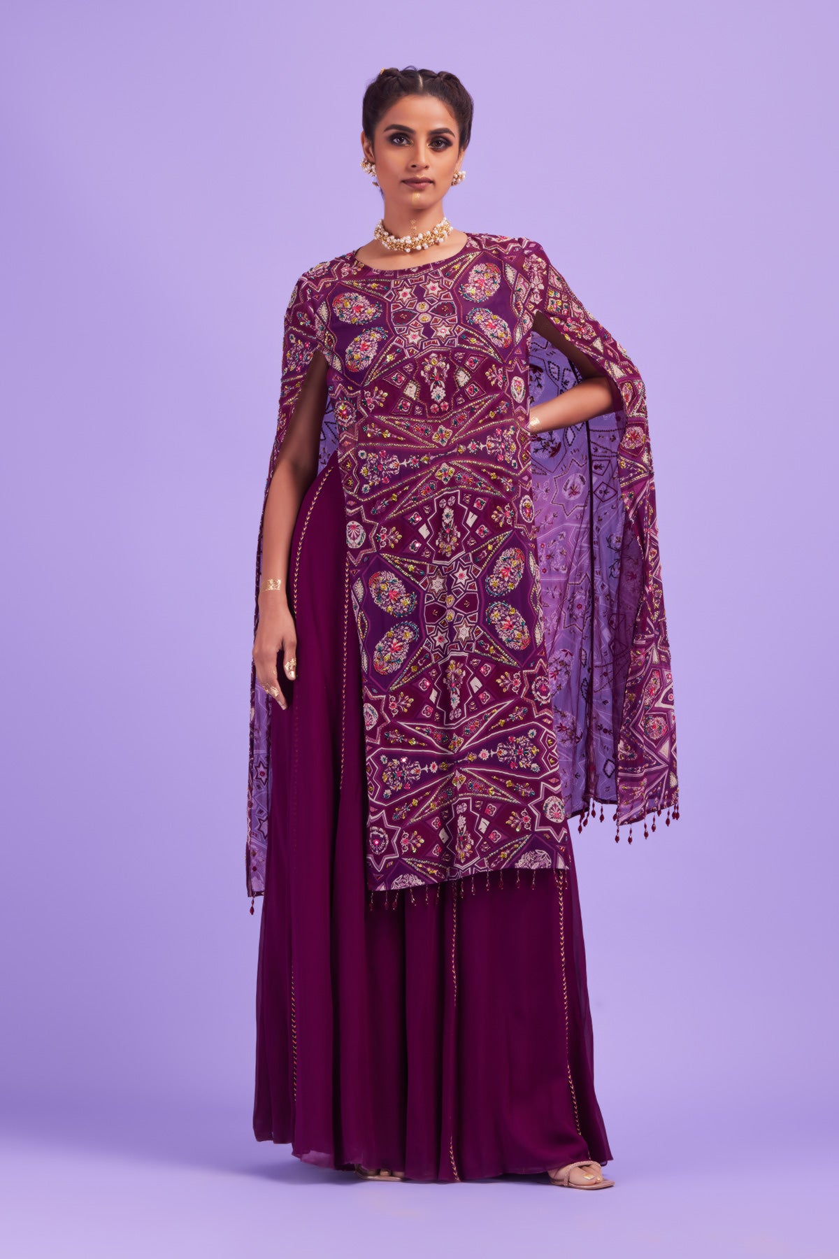 Purple Jaal Print & Highlighted Cape & Sharara Pants