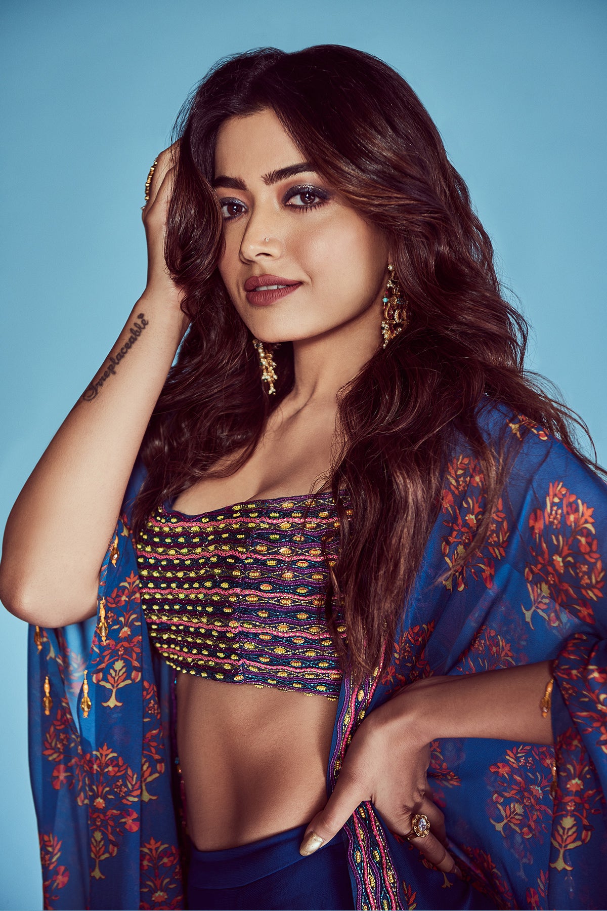 Rashmika Mandanna in Blue Cord & Cutdana Embroidered Bustier Cape Set